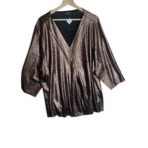 Lane Bryant Womens Swing 3/4 Sleeve Pleat Front Top Metallic Brass Sz 30/32